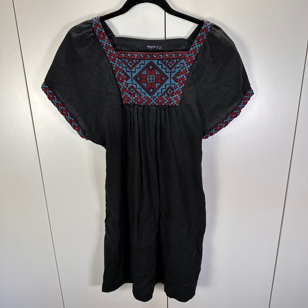 Madewell Womens Med Embroidered Black Linen Dress Bohemian Short‎ Sleeve Pockets